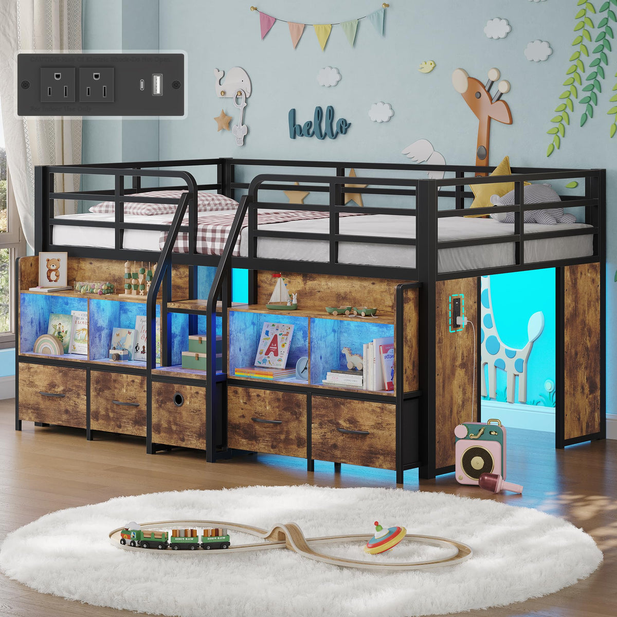 Twin Low Loft Bed with 5 Storage Drawers and 6 Bookcase F365