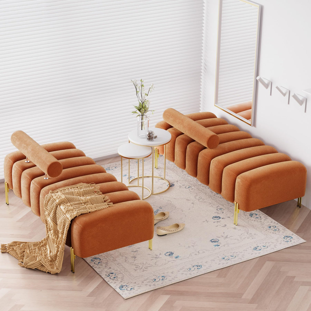 Velvet Upholstered Bench Ottoman with Adjustable Backrest A479602