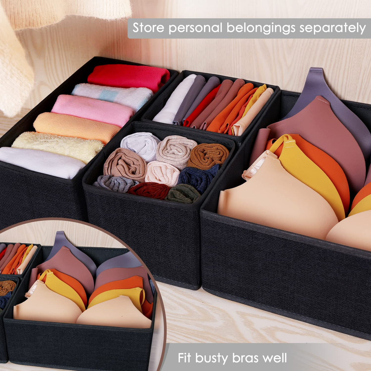 6 Pack Black Fabric Drawer Organizer H586