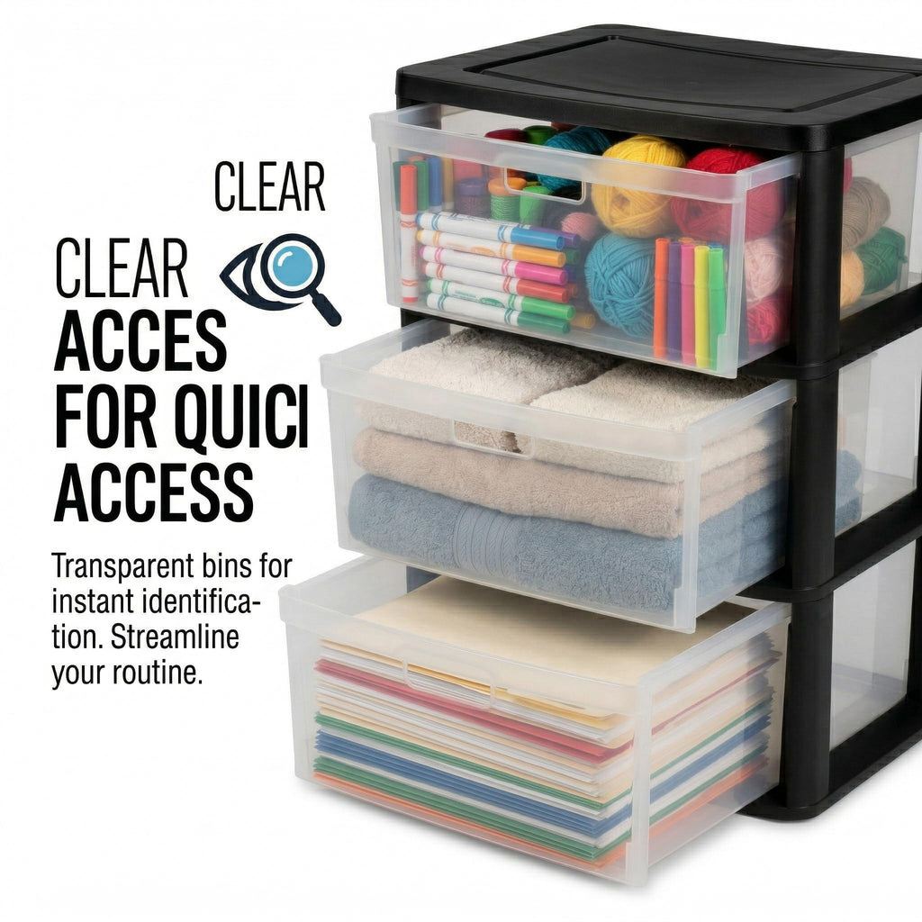 Black 3 Drawer Storage Organizer Tower with Clear Plastic Bins T987