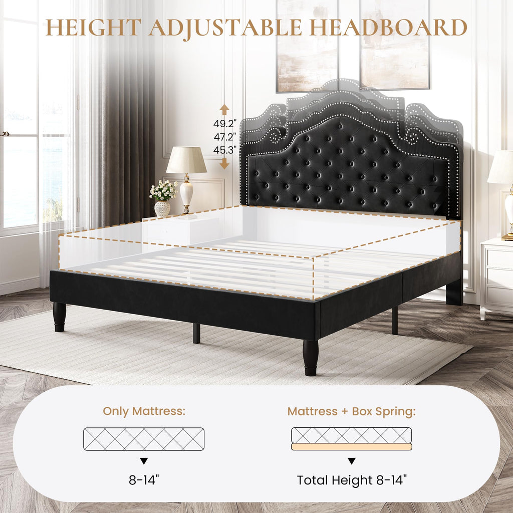 Queen Size Velvet Upholstered Bed Frame with Adjustable Headboard O780