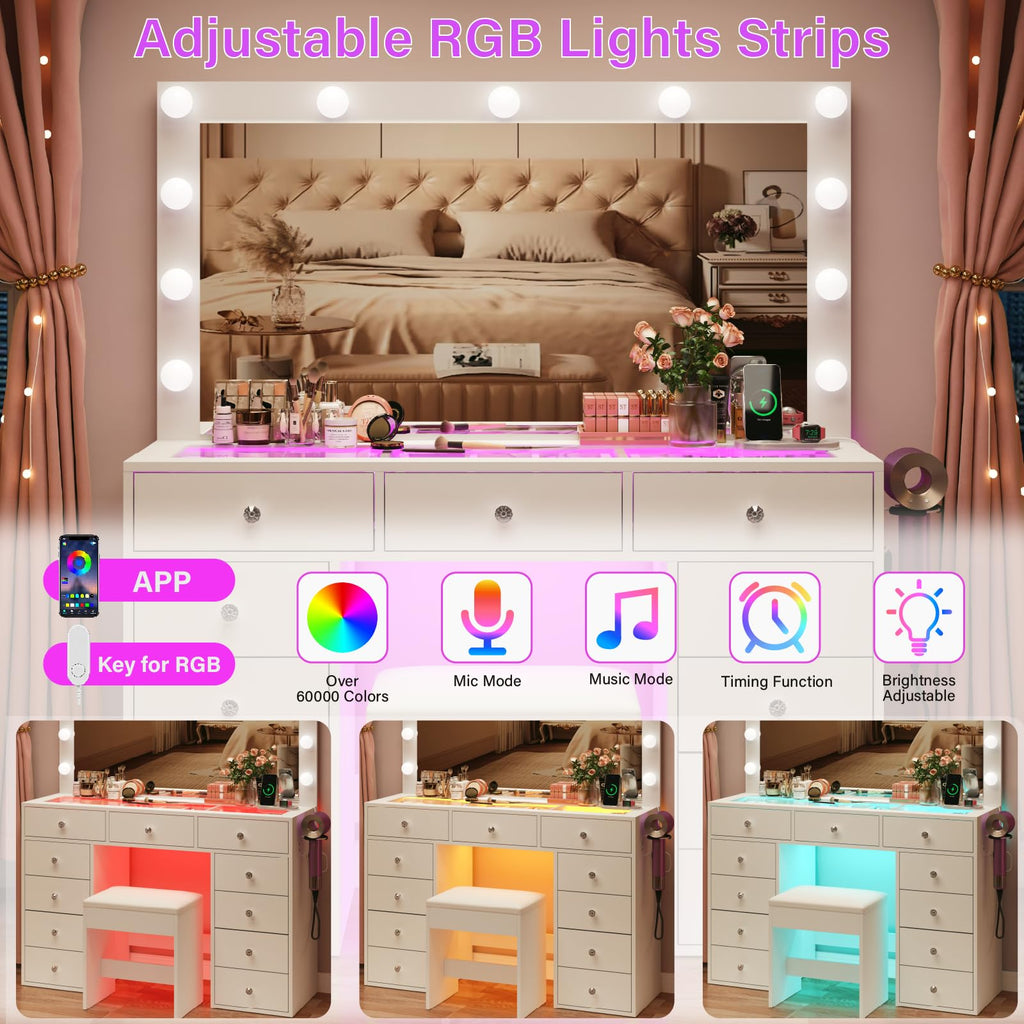45" Large White Vanity Desk with RGB Lighting Z545385