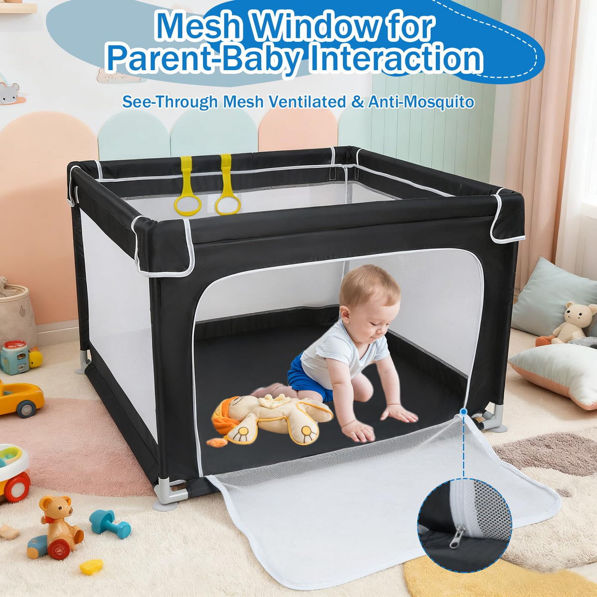 Baby Playpen with Mesh and Anti-Slip Base F3589