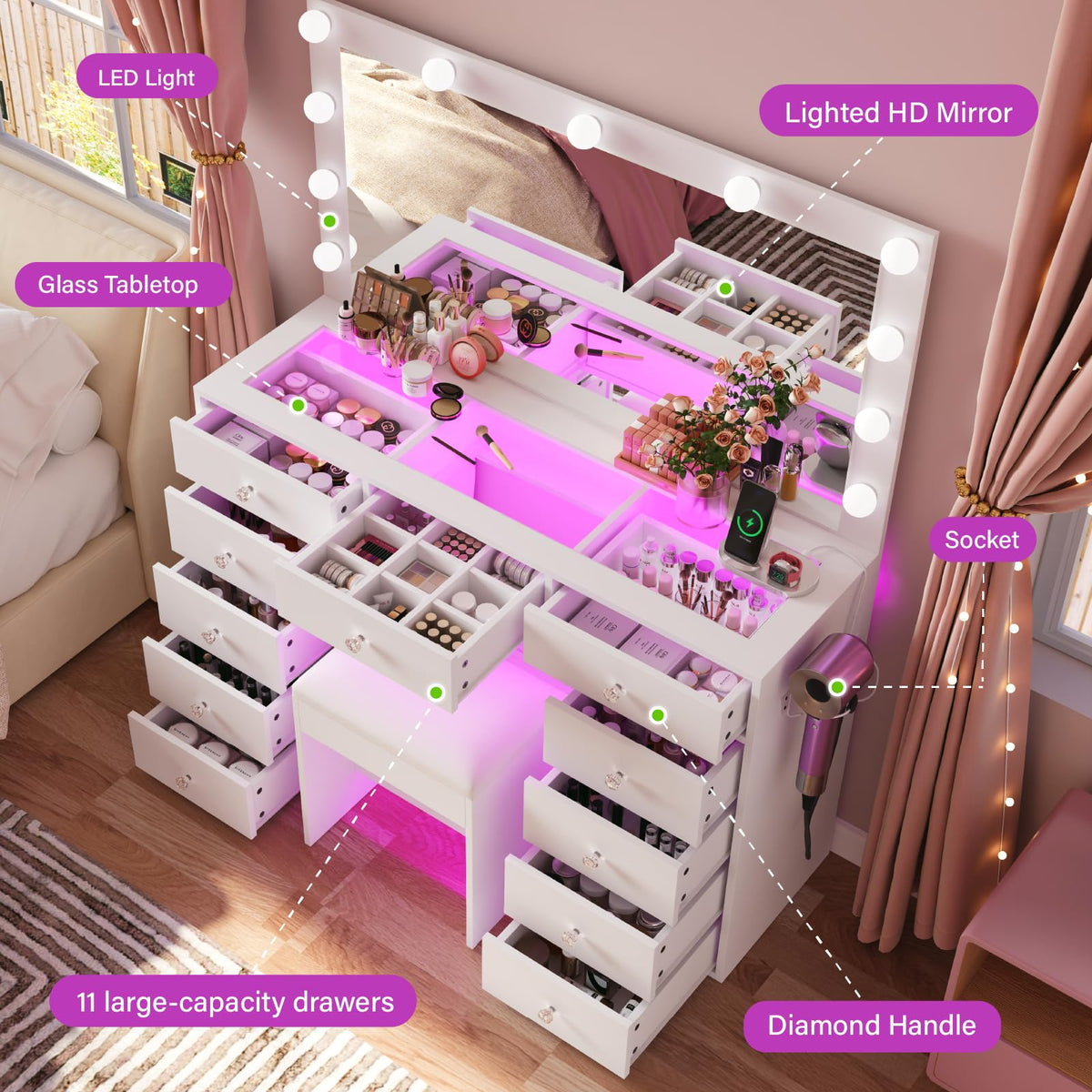 45" Large White Vanity Desk with RGB Lighting Z545385