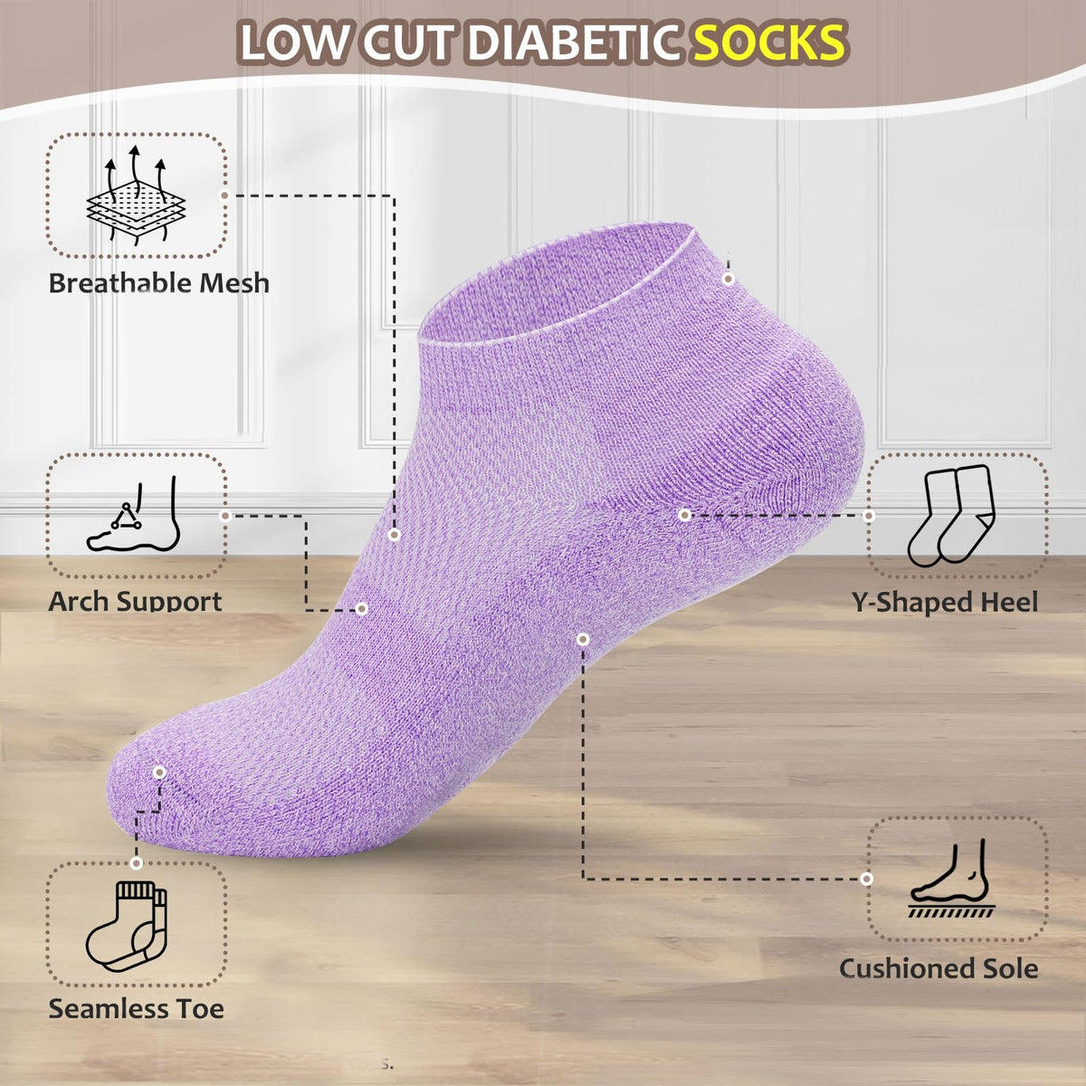 5 Pairs Non-Binding Low Cut Diabetic Socks Size 9-11 M90842