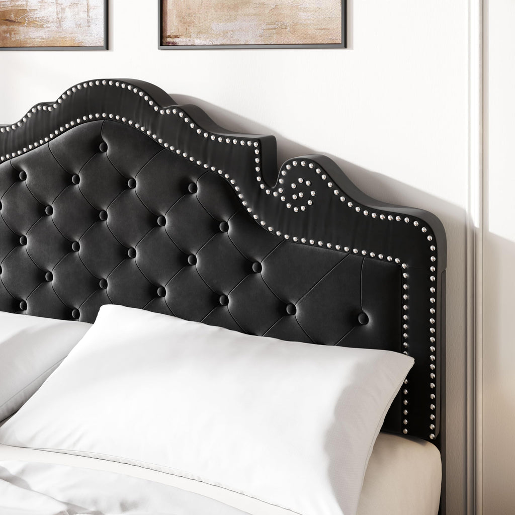 Queen Size Velvet Upholstered Bed Frame with Adjustable Headboard O780