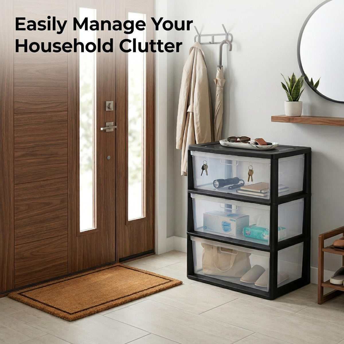 Black 3 Drawer Storage Organizer Tower with Clear Plastic Bins T987