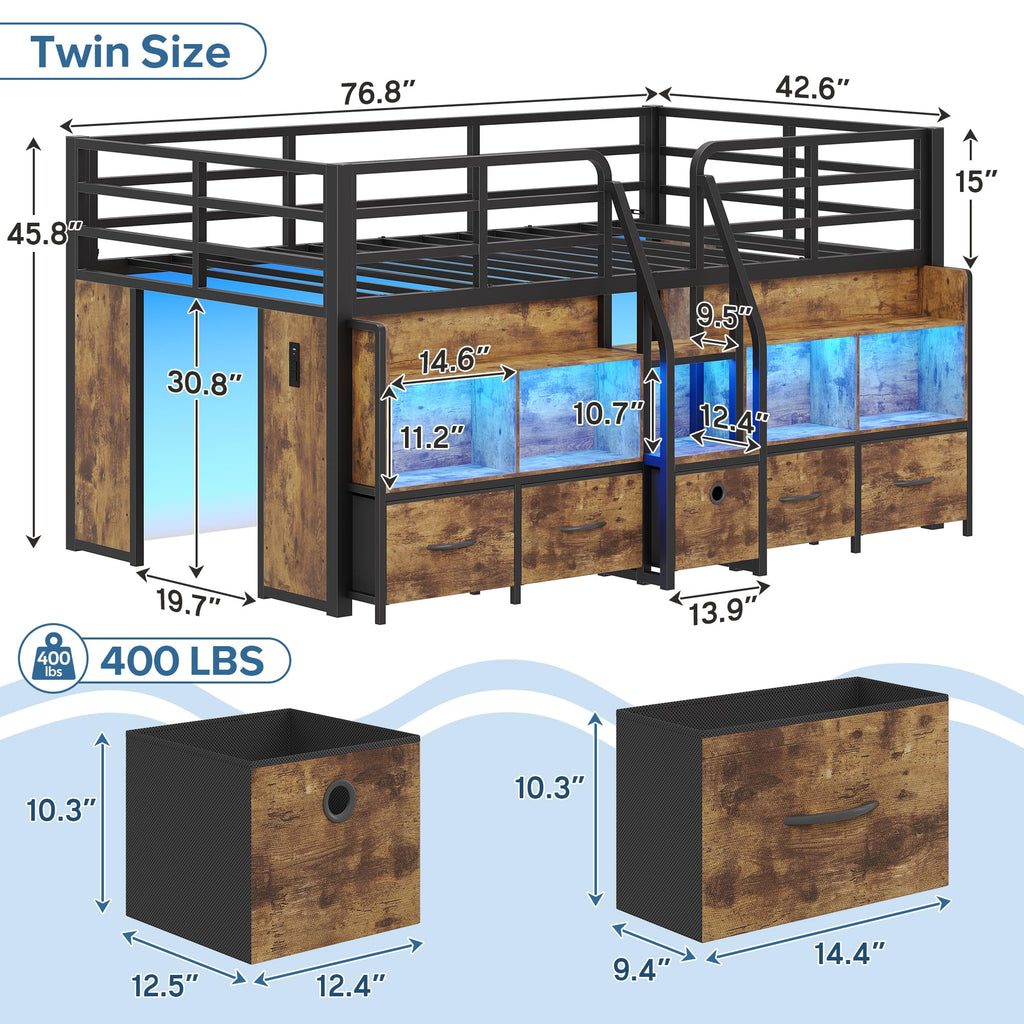 Twin Low Loft Bed with 5 Storage Drawers and 6 Bookcase F365