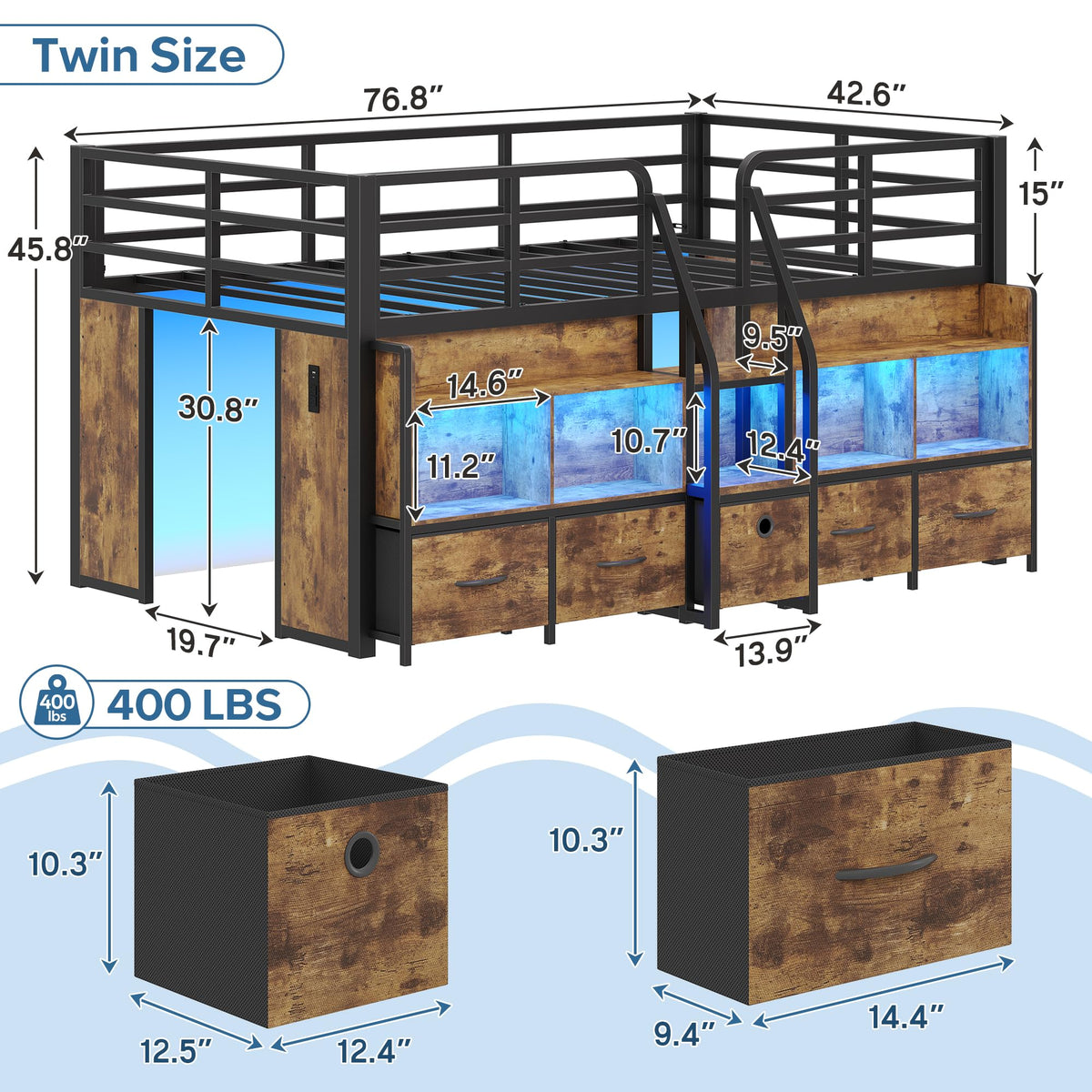 Twin Low Loft Bed with 5 Storage Drawers and 6 Bookcase F365