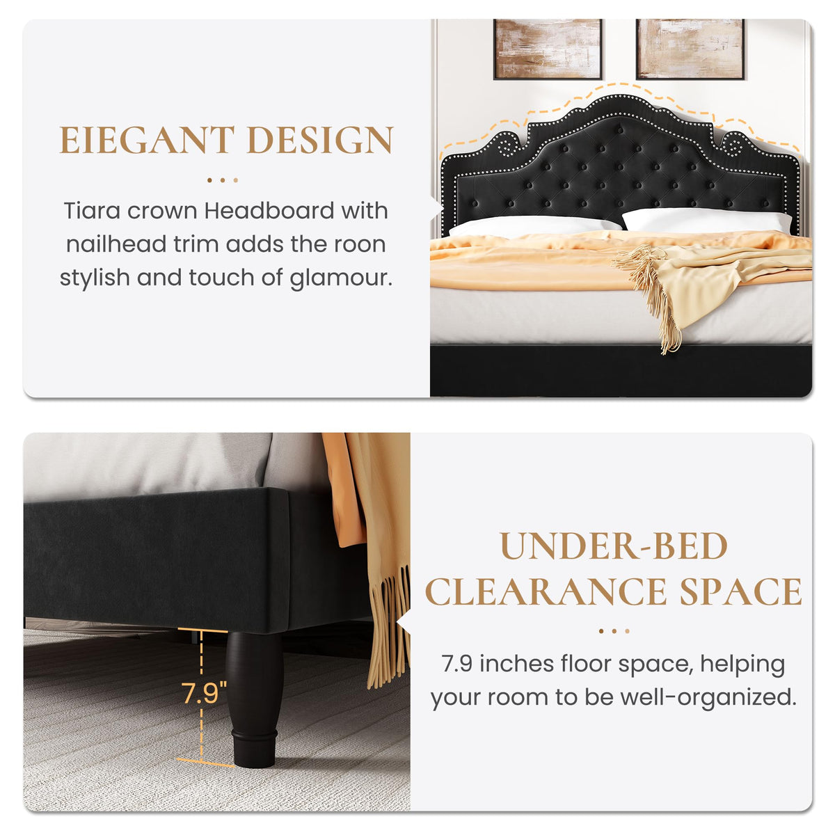 Queen Size Velvet Upholstered Bed Frame with Adjustable Headboard O780