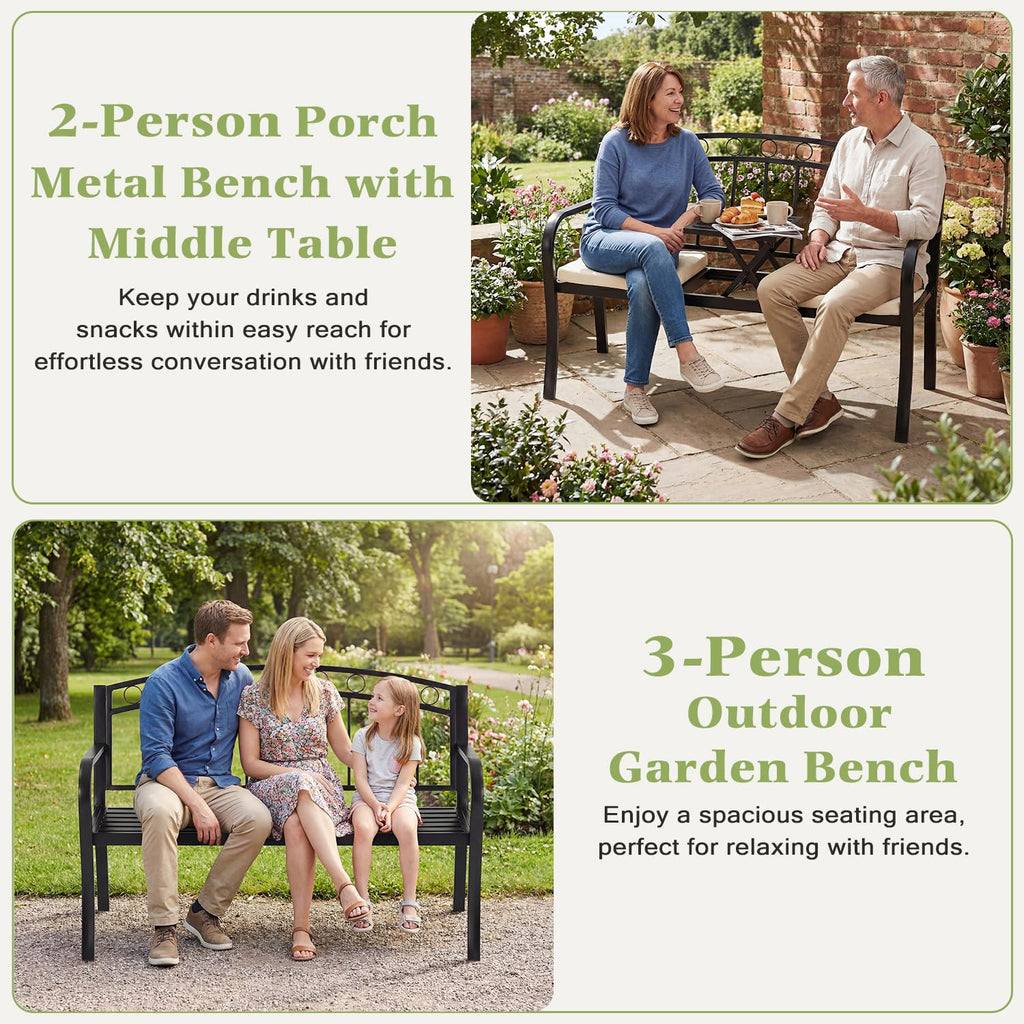 Black 2-Seat Metal Garden Bench with Cushion U60516