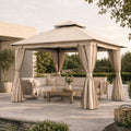 10'x10' Heavy Duty Metal Outdoor Gazebo with Double Roof, Mosquito Netting & Privacy Curtains, Khaki Y808805