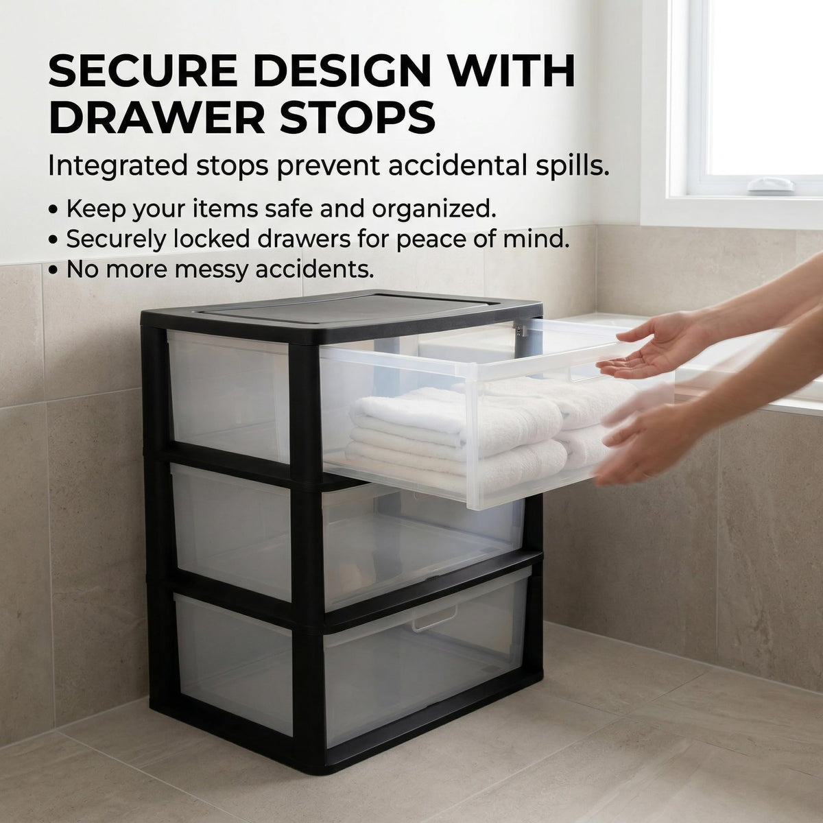 Black 3 Drawer Storage Organizer Tower with Clear Plastic Bins T987
