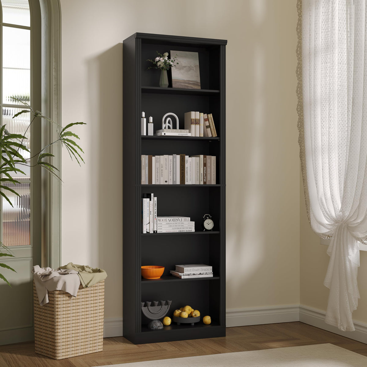 Black 75" Tall 6 Tier Adjustable Bookshelf D3625