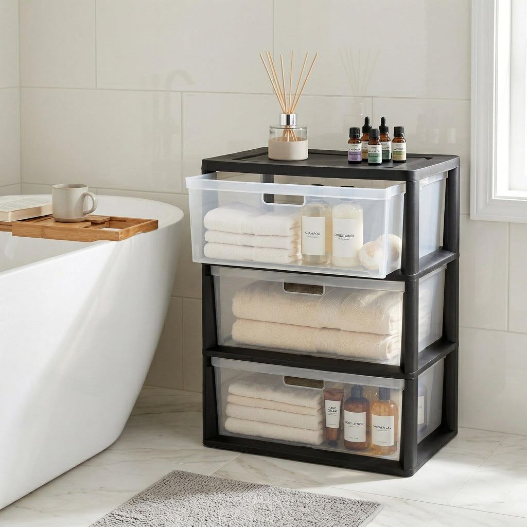 Black 3 Drawer Storage Organizer Tower with Clear Plastic Bins T987