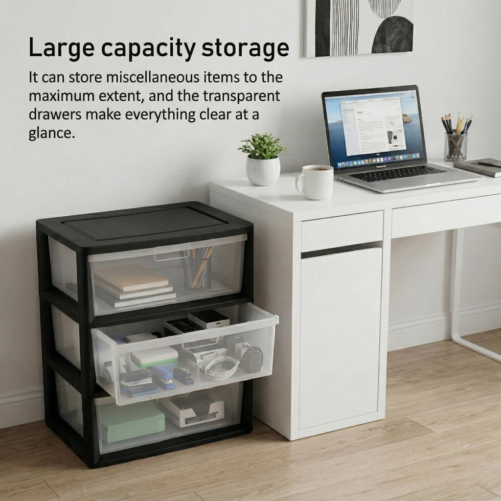 Black 3 Drawer Storage Organizer Tower with Clear Plastic Bins T987
