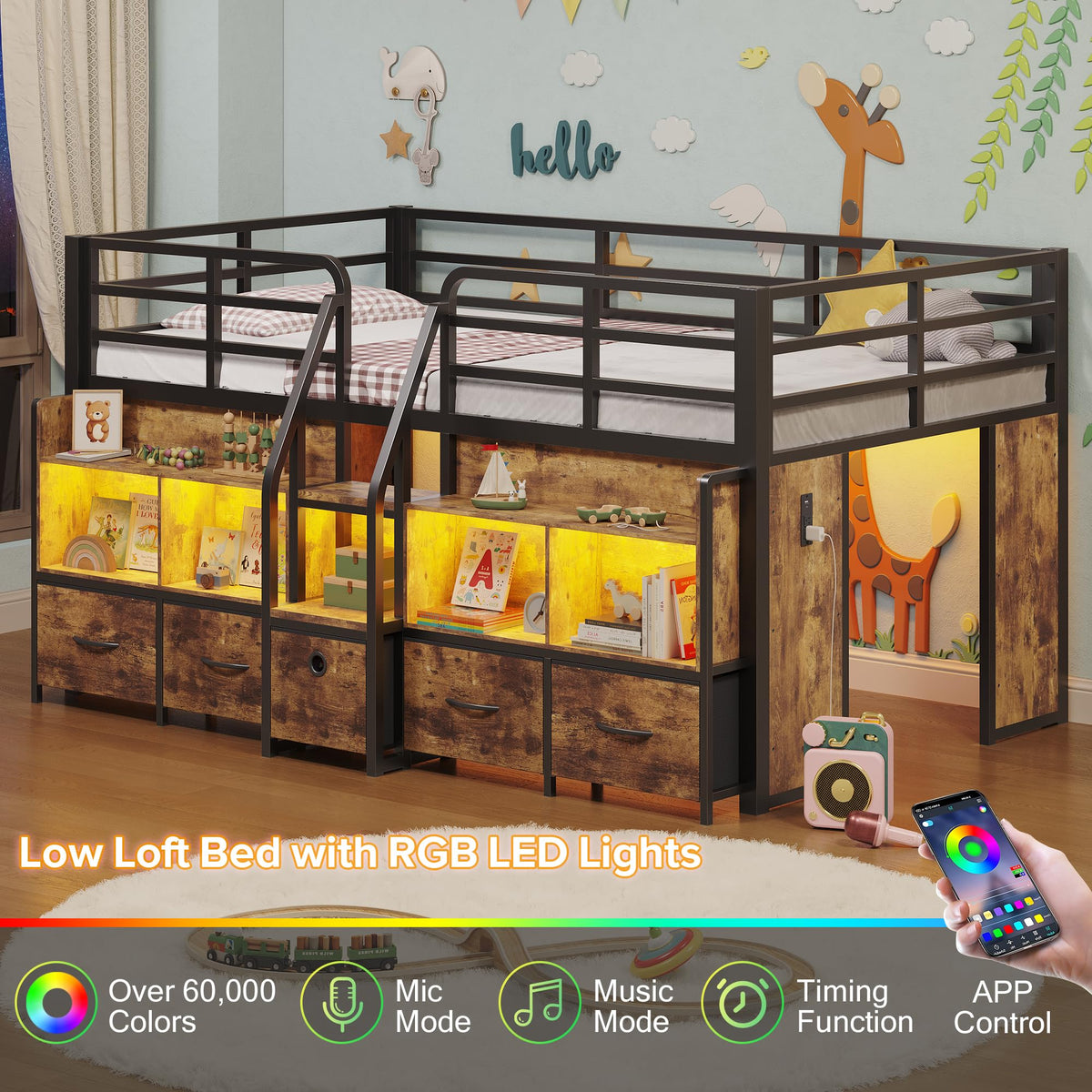 Twin Low Loft Bed with 5 Storage Drawers and 6 Bookcase F365