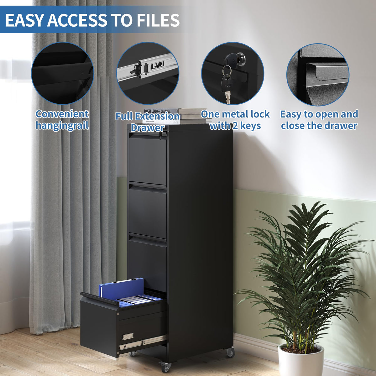 4 Drawer Black Metal Mobile File Cabinet with Lock and Wheels G361985