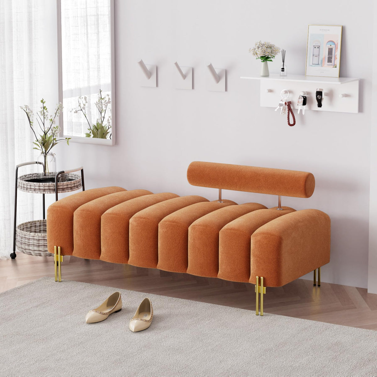 Velvet Upholstered Bench Ottoman with Adjustable Backrest A479602