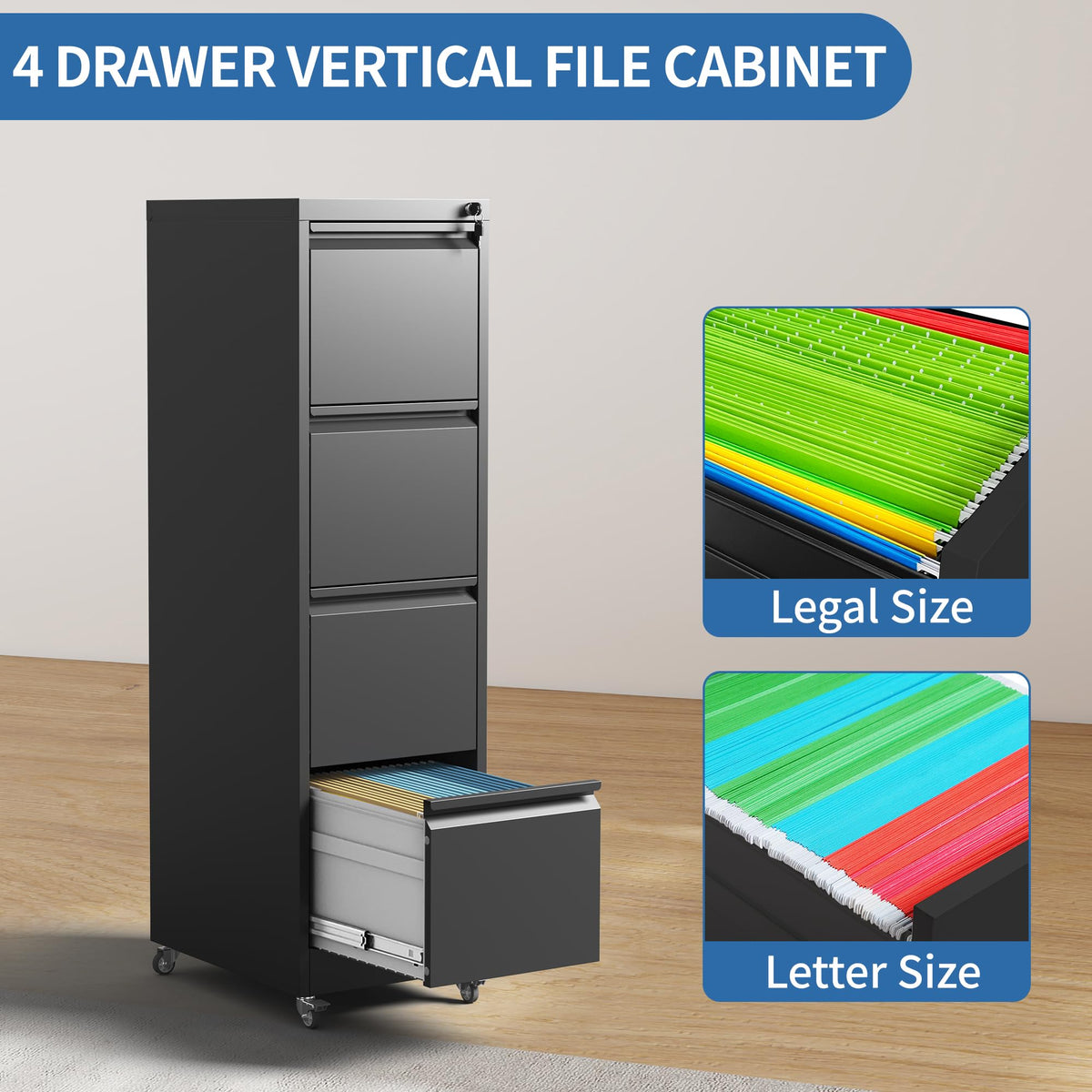 4 Drawer Black Metal Mobile File Cabinet with Lock and Wheels G361985