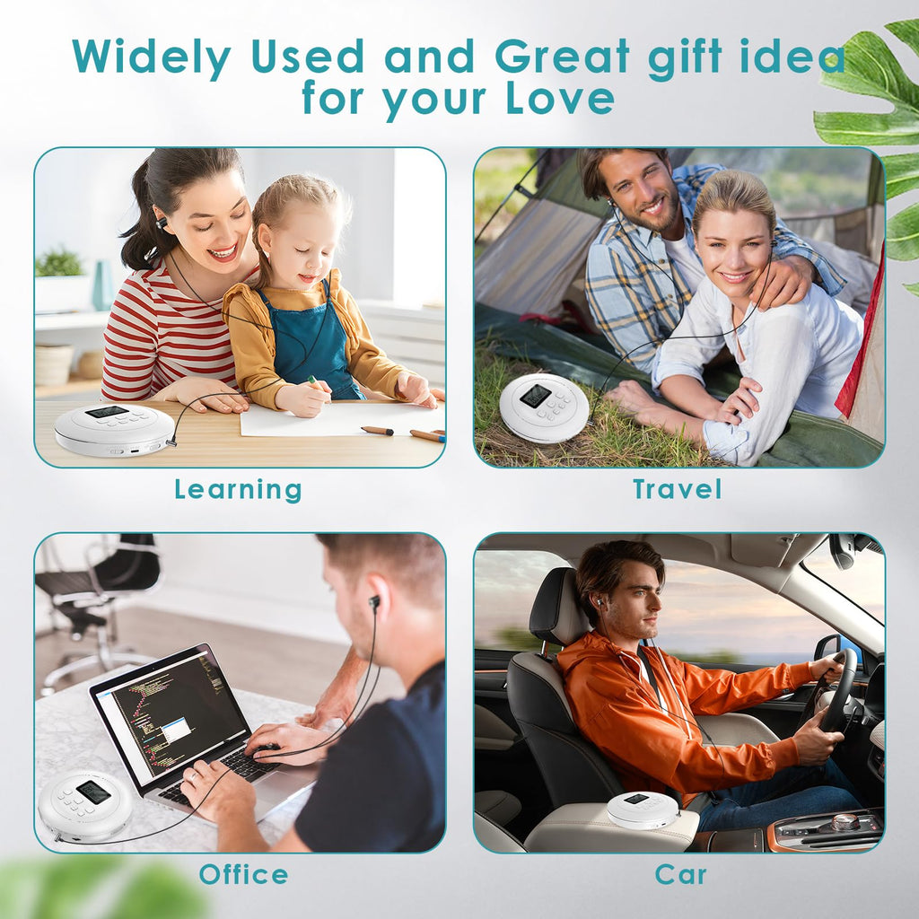 Portable CD Player with Headphones Jack USB AUX LCD Display White K4100