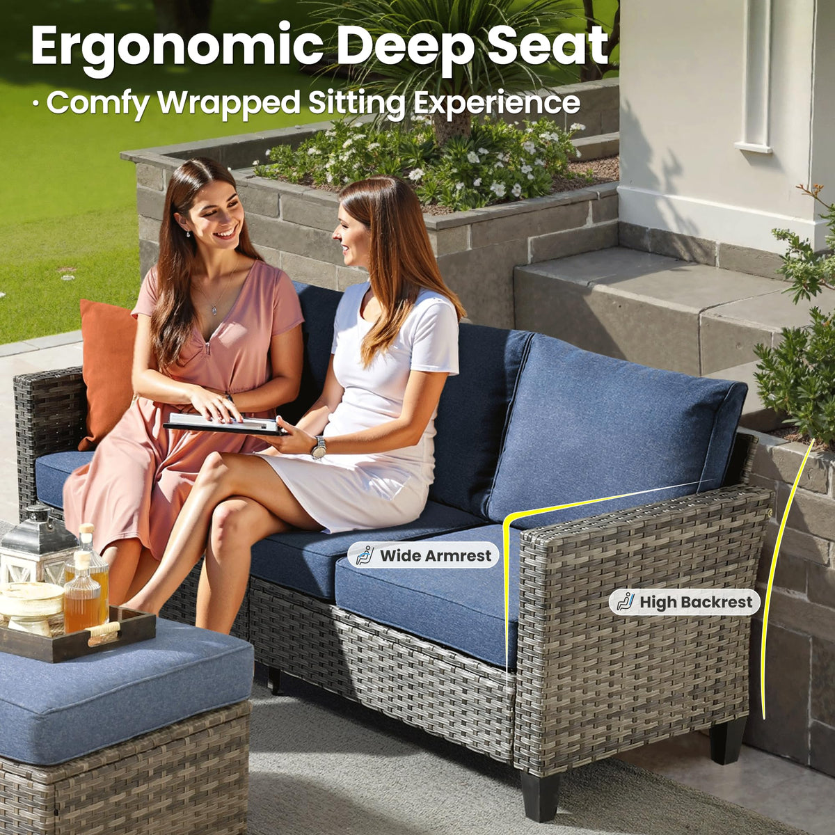 3 Pieces Wicker Rattan Patio Furniture Set with Ottomans H4080