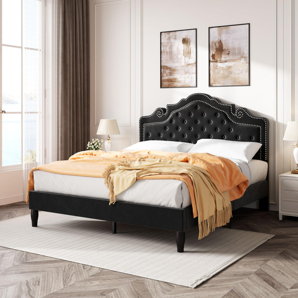 Queen Size Velvet Upholstered Bed Frame with Adjustable Headboard O780