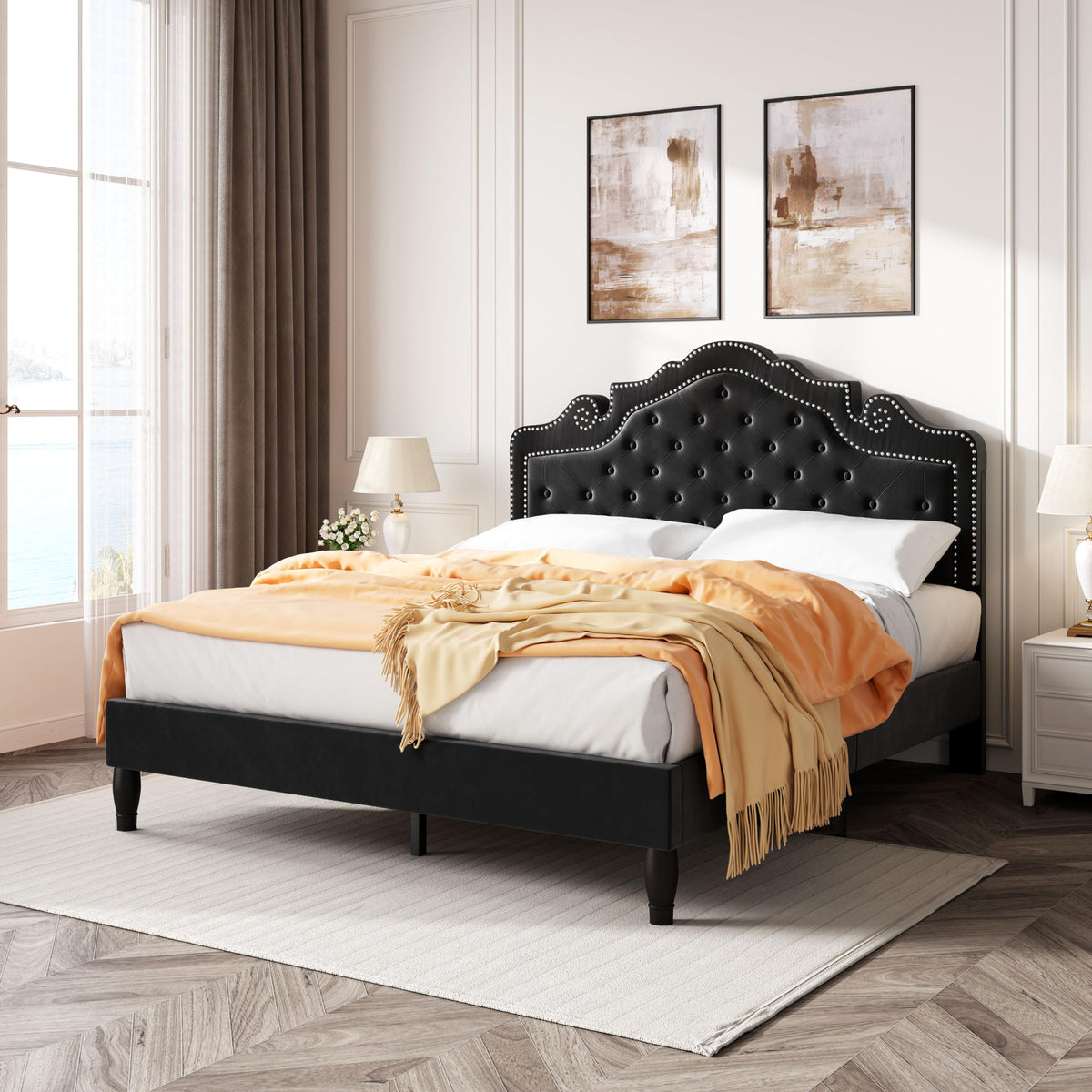Queen Size Velvet Upholstered Bed Frame with Adjustable Headboard O780