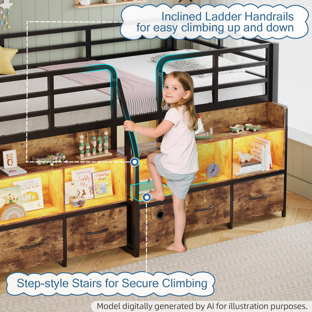 Twin Low Loft Bed with 5 Storage Drawers and 6 Bookcase F365