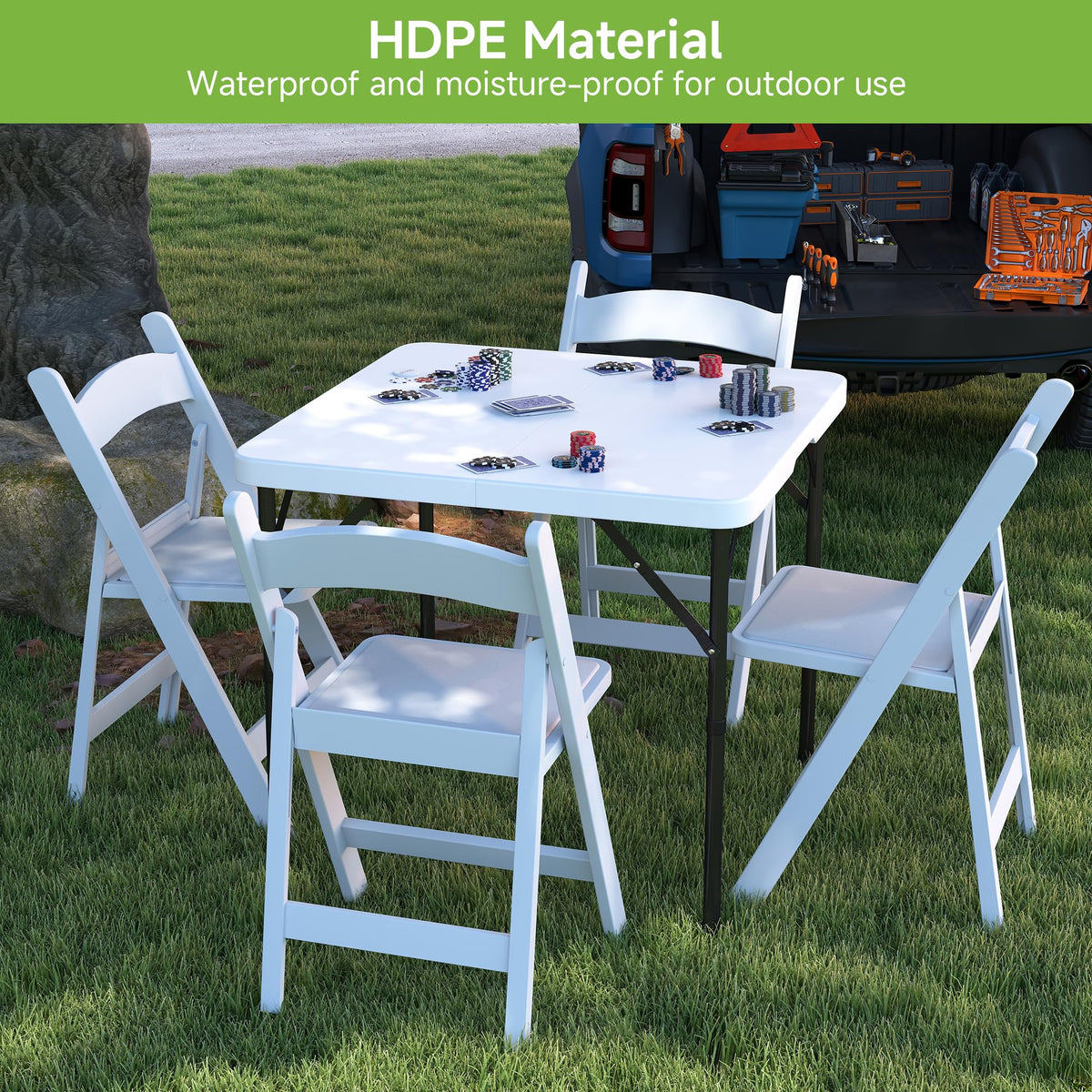 34" Square Folding Table with Handle and Removable Legs, White L5903