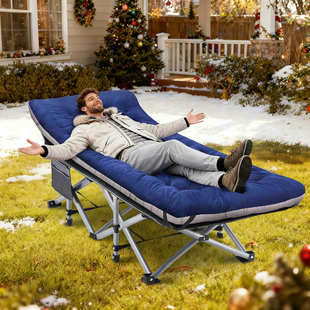 Blue Camping Cot with Cushion, Pillow and Carry Bag M339476