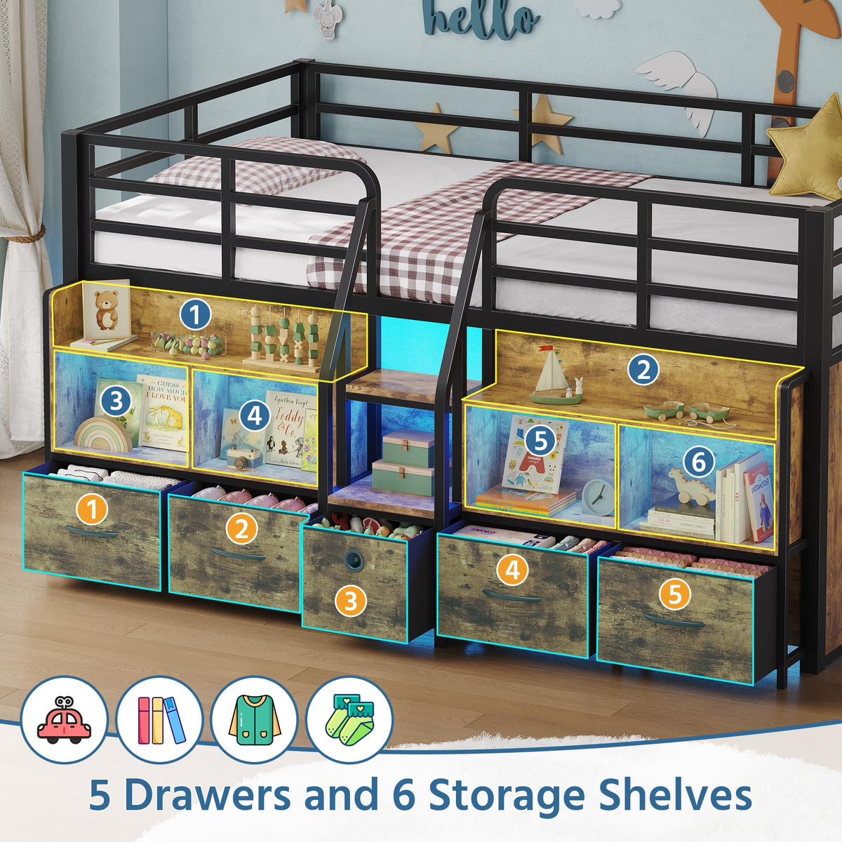 Twin Low Loft Bed with 5 Storage Drawers and 6 Bookcase F365