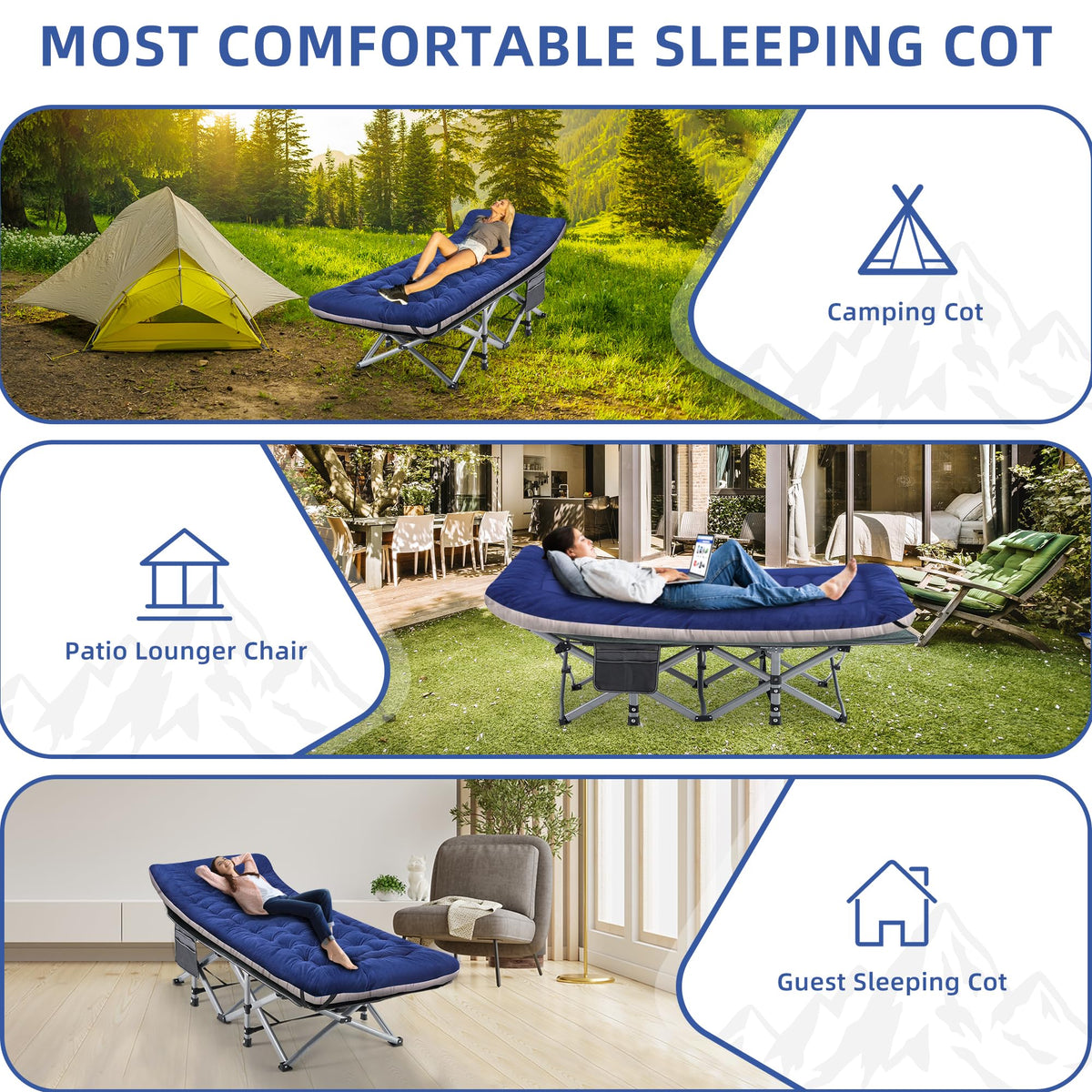 Blue Camping Cot with Cushion, Pillow and Carry Bag M339476
