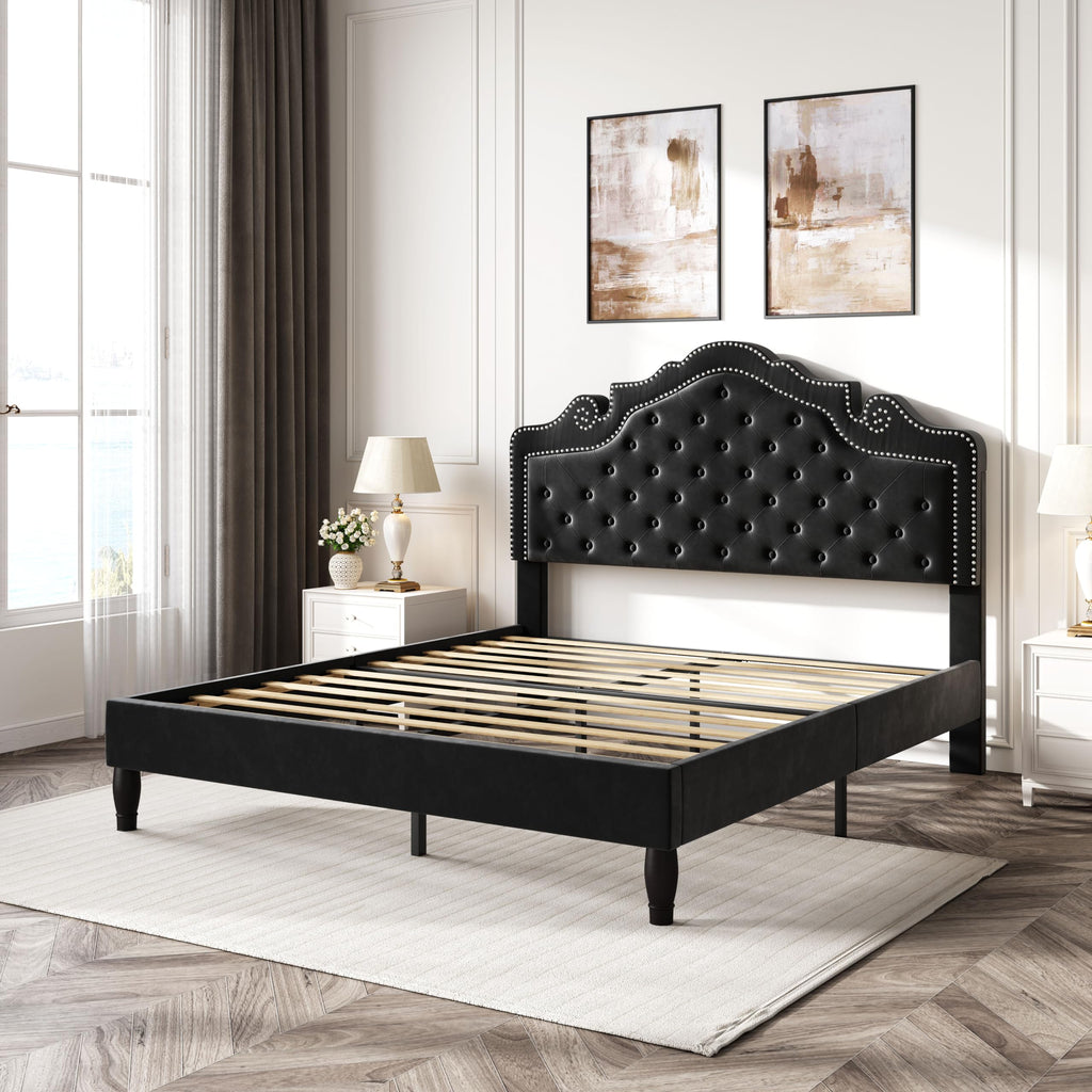 Queen Size Velvet Upholstered Bed Frame with Adjustable Headboard O780