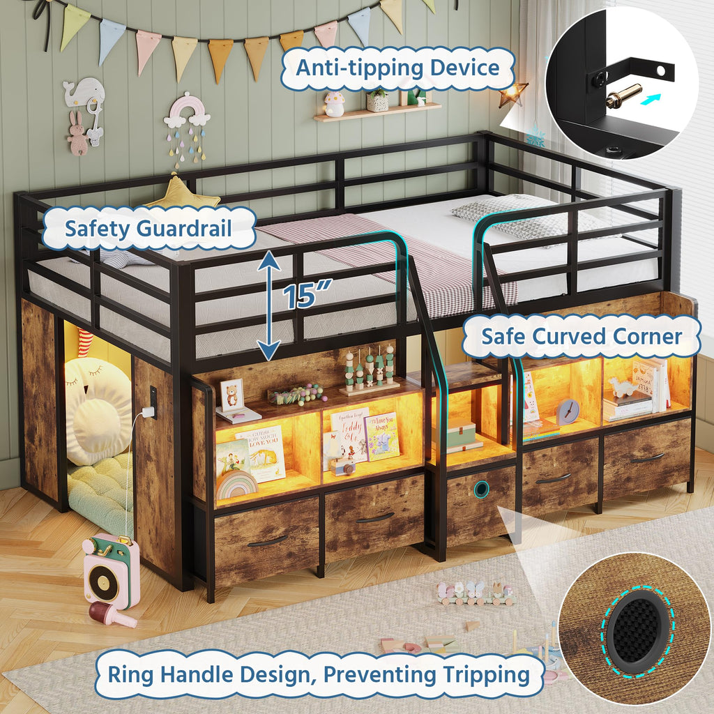 Twin Low Loft Bed with 5 Storage Drawers and 6 Bookcase F365